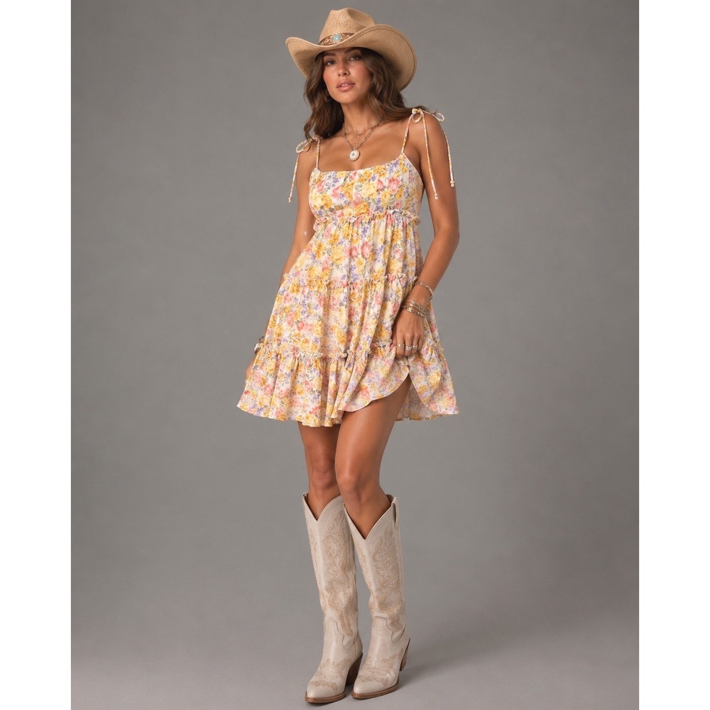 Womens‎ Floral Tiered Babydoll mini Sun Dress Small vacation beach Western chic
